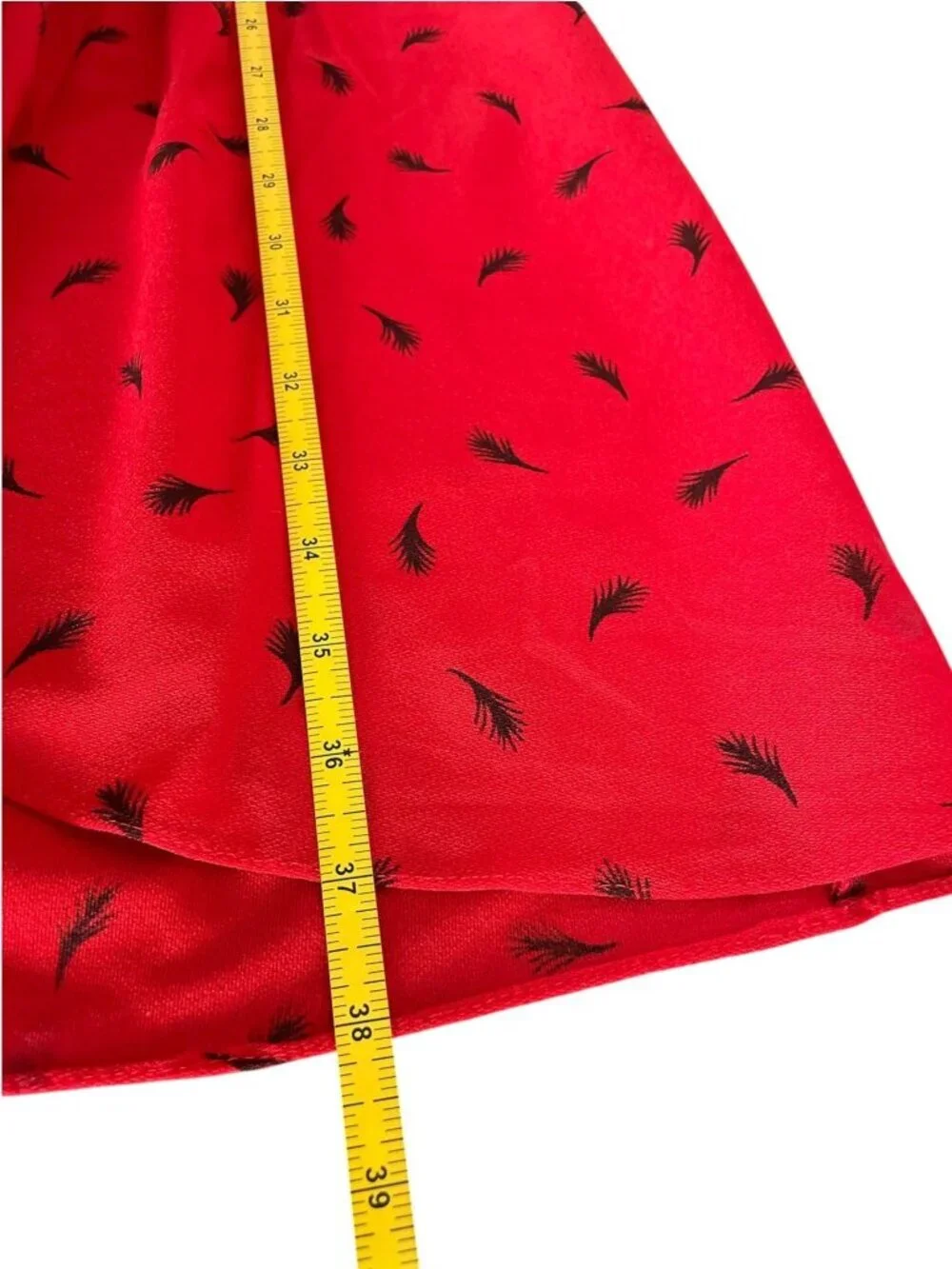 Vintage 80s Red Peplum Midi Dress | Black Leaf Print | Puff Shoulders | S Retro - Picture 7 of 13